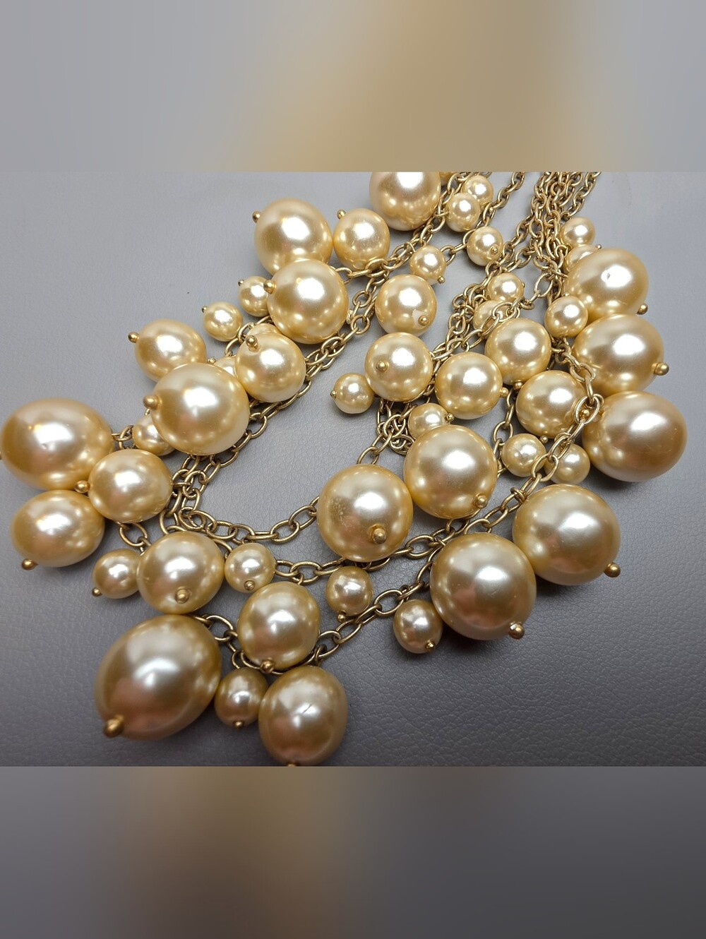 [J. Crew] Champagne Toned Multi-Strand Chunky Pearl Bubble Statement Necklace - Picture 11 of 16